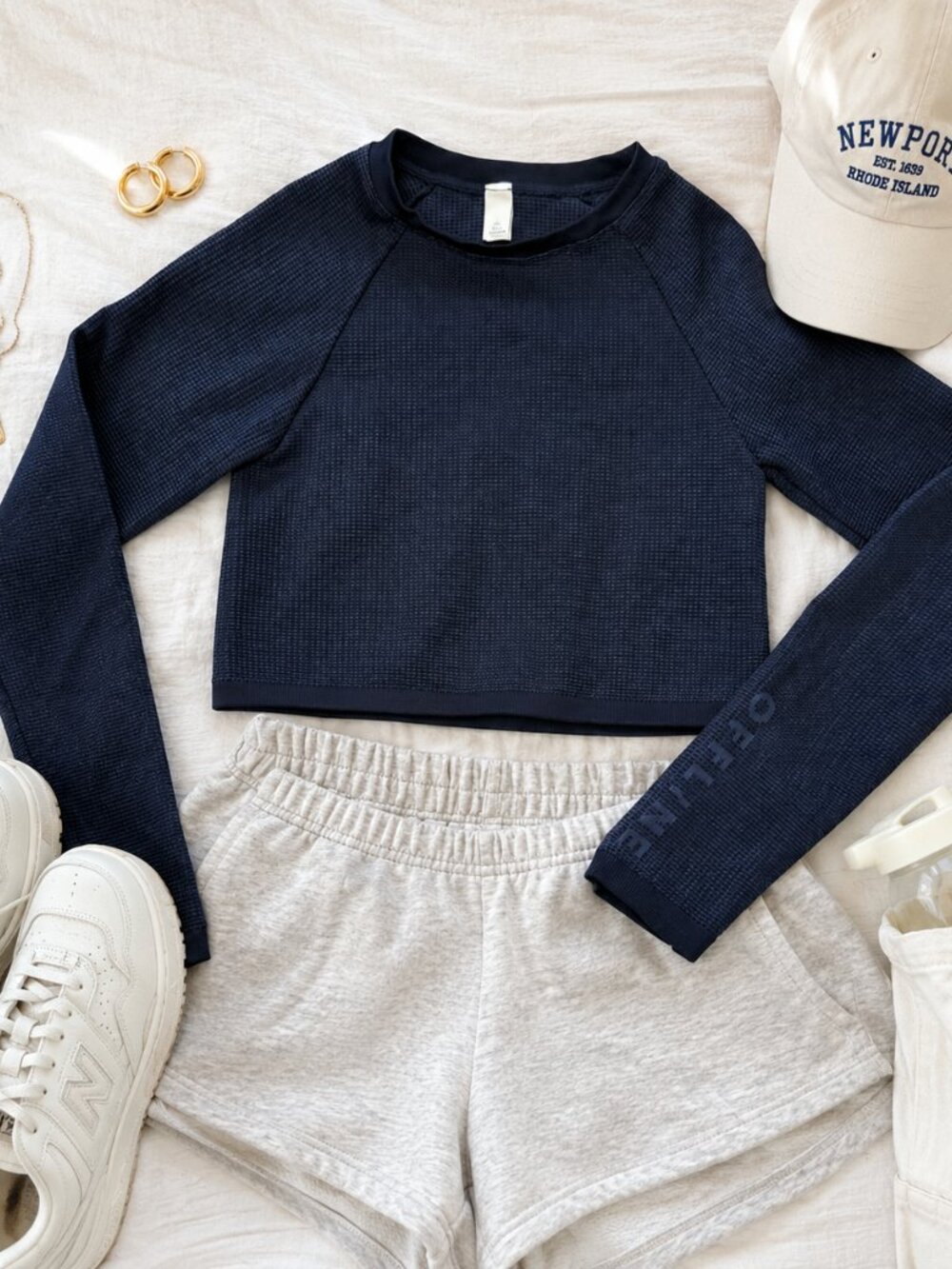 OFFLINE by Aerie Navy Waffle Knit Cropped Long Sleeve Top Size Small